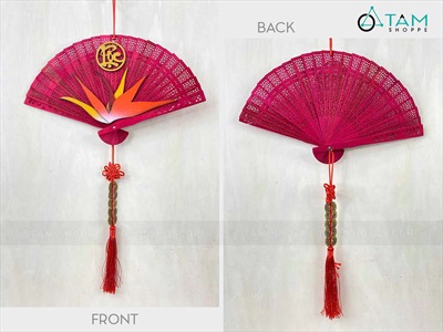 Vòng treo cửa Tết Quạt đỏ hoa Thiên Điểu [Đa dạng chữ - Quạt gỗ] QUAT-08
